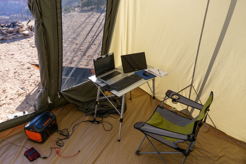 working while camping set up