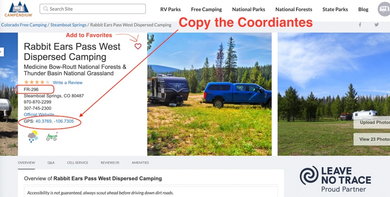 Copy Coordinates for Free Camping