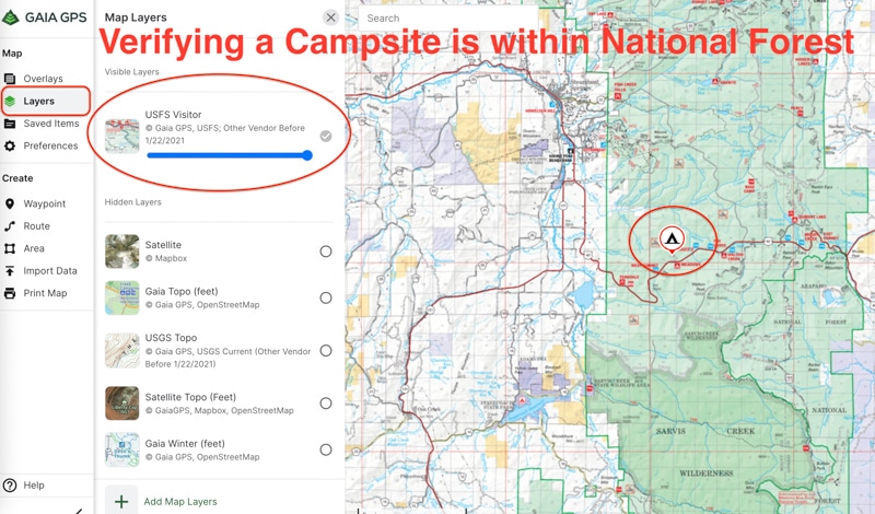 determine if campsite is in national forest